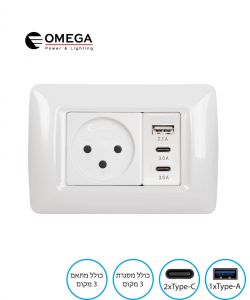 סט מודולרי שקע+מטען מהיר 1x(USB-A) + 2x(USB-C) + מתאם + מסגרת תואם 3 מקום
