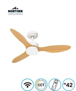 מאוורר תקרה 42" VERMONT +שלט ולד 24W CCT עם עמעם לבן+עץ NORTHER WiFi