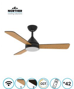 מאוורר תקרה 42" YOUNG +שלט ולד ניתן לעמעום 24W CCT שחור+עץ NORTHER WiFi